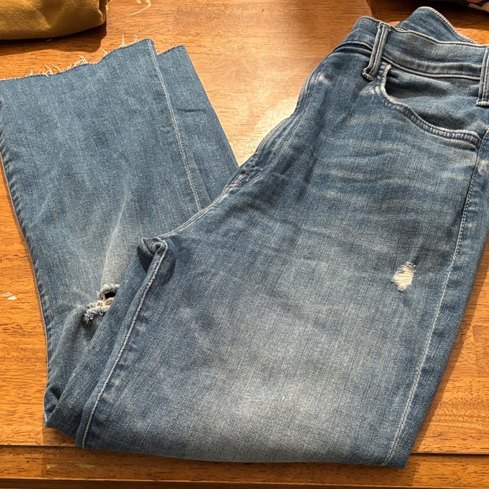 MOTHER Straight Leg Jeans in Medium Blue Wash with Distress
